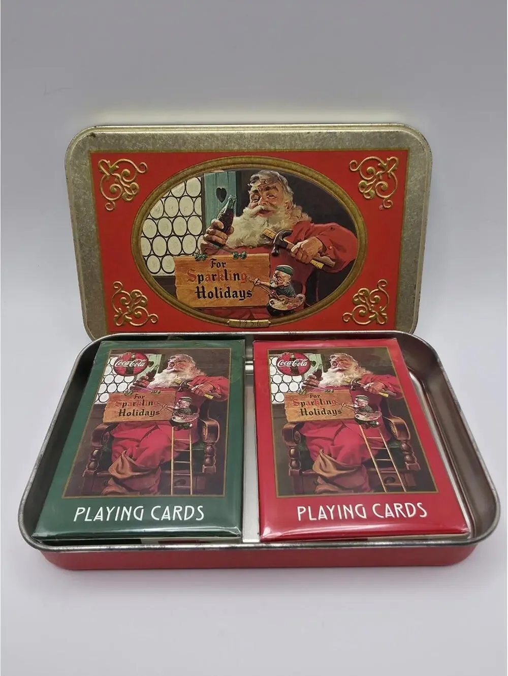 Coca-Cola Santa Claus Playing Cards Christmas Tin & 2 Sealed Card Decks Vintage
